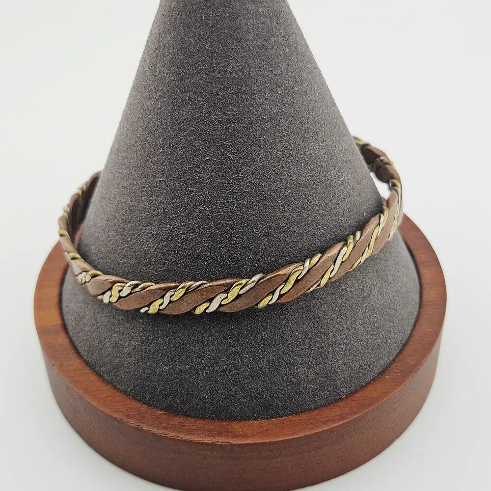 Tri-Metal Twisted Bangle Bracelet Woven Metallic Bohemian Artsy Stackable Artsy